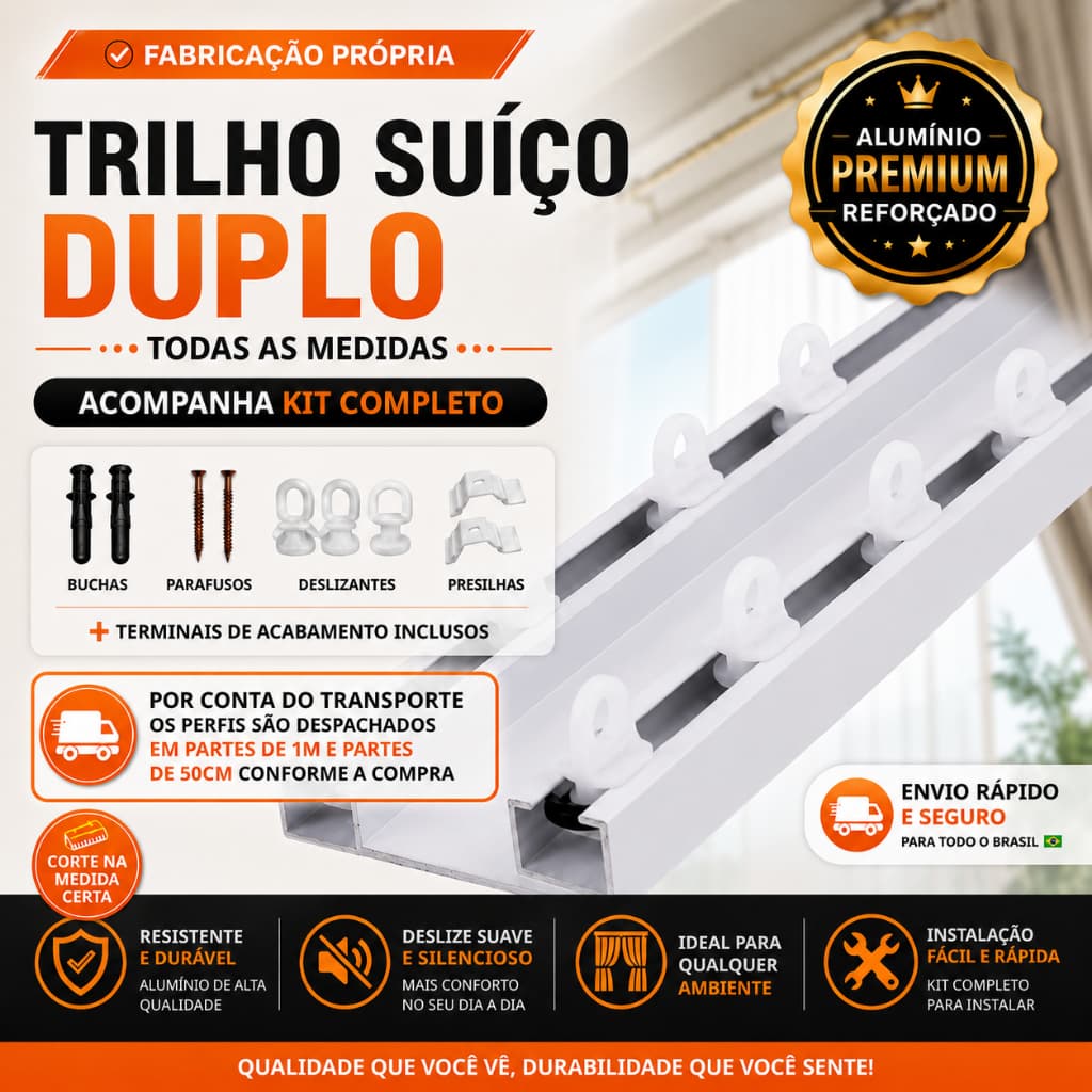 Trilho Suíço Duplo Alumínio Branco p/ Cortina Completo Deslizante Reforçado Max