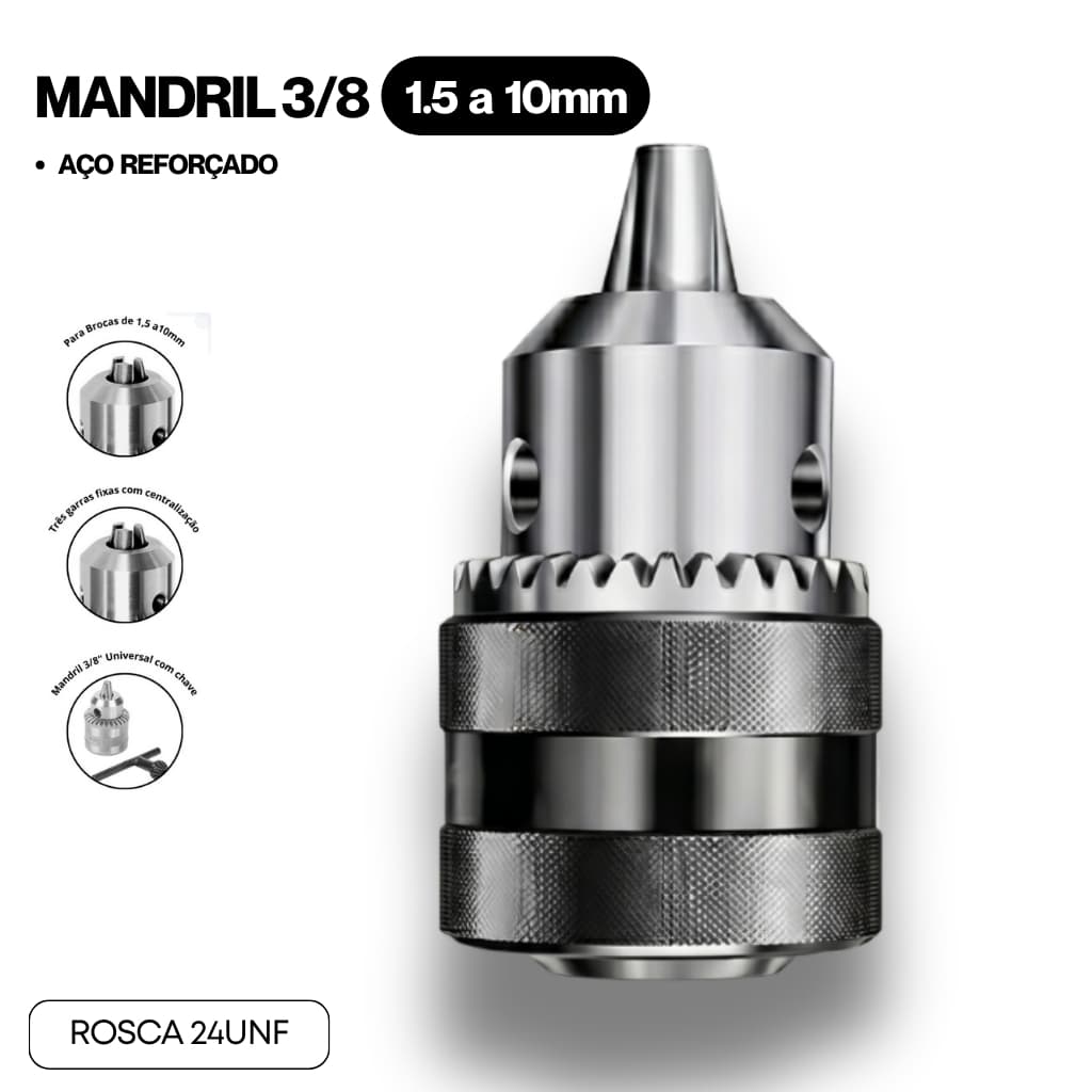 Mandril Com Chave 3/8 Para Furadeira Universal Rosca 24 Unf 1.5-10mm Aço Reforçado