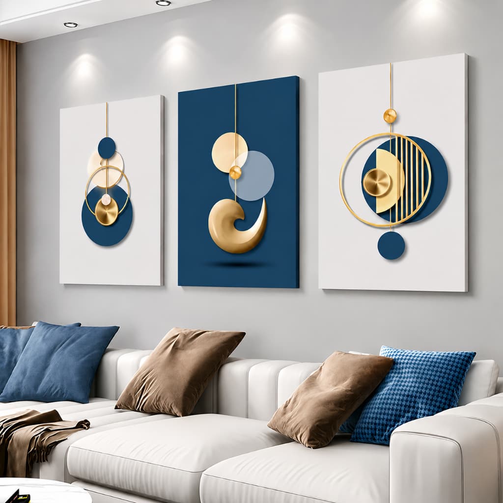 Kit 3 Quadros Decorativos Moderno Azul e Dourado Abstrato Geométrico Sala Quarto