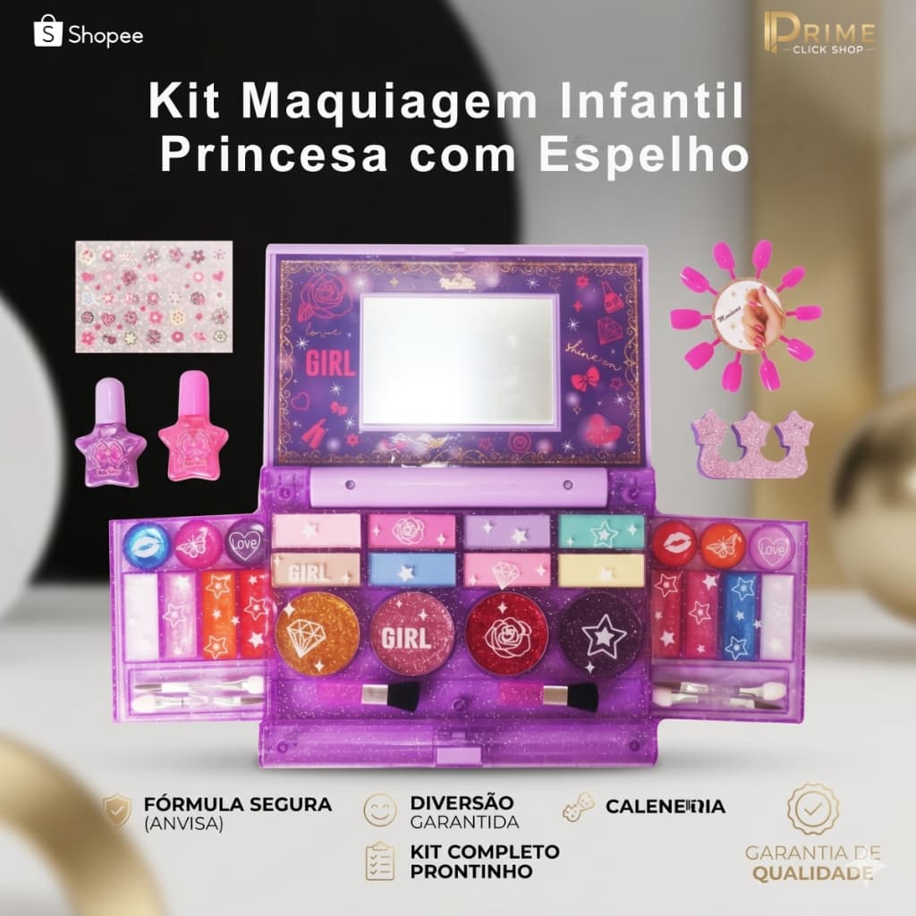Kit Maquiagem Infantil Princesa Espelho Mini Diva Beauty Estojo Gloss Brilho Labial Menina Unha