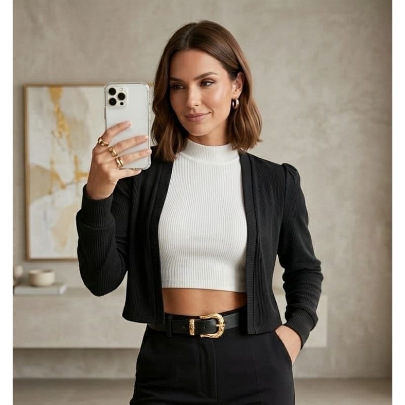 Casaquinho Curto cardigan Feminino manga longa malha