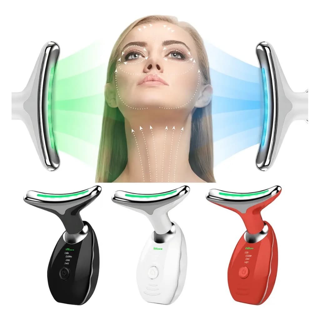 Massageador Facial Pescoço LED 3 Cores Anti Rugas Rejuvenescimento Firmador Vibratório