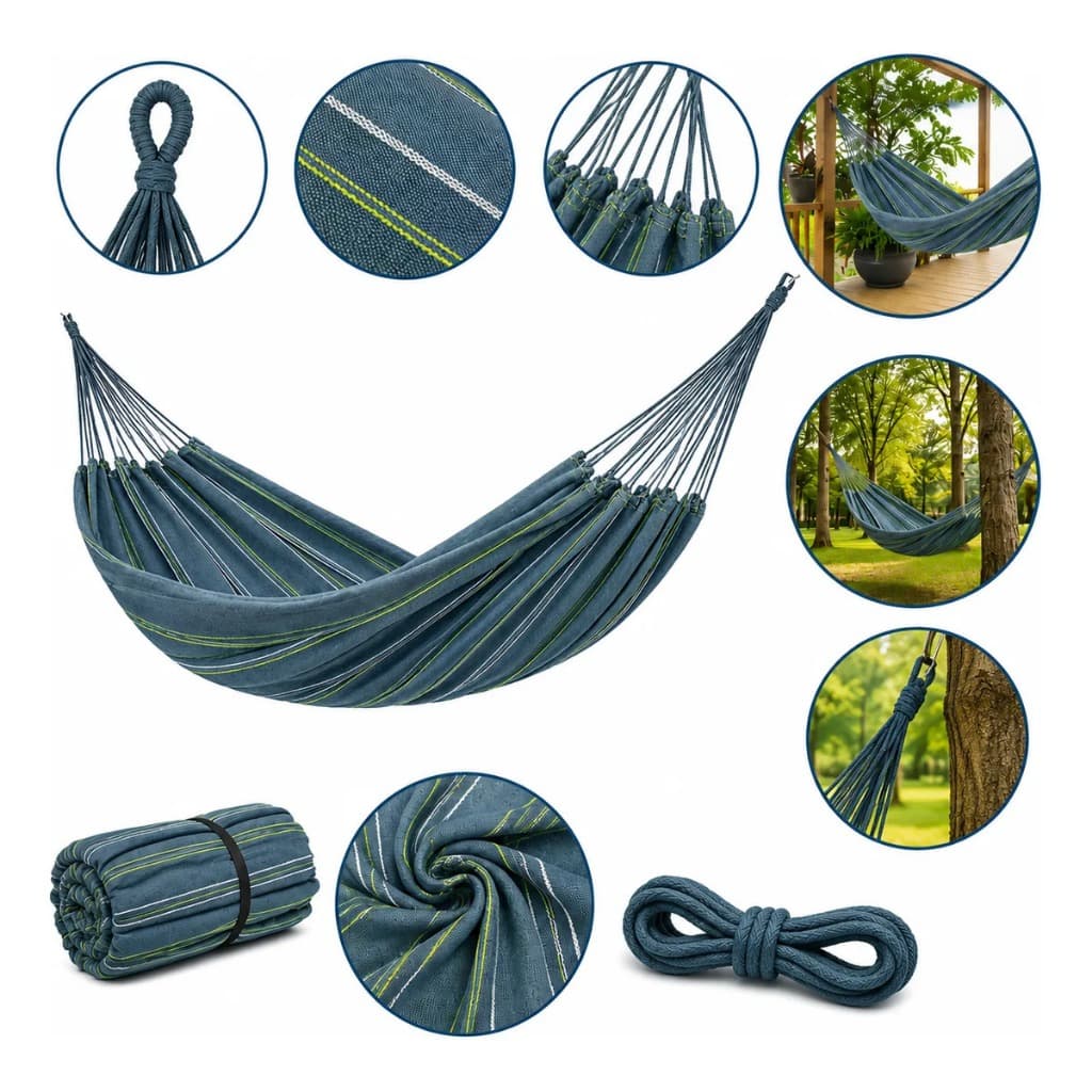 Rede De Descanso Algodão Jardim Varanda Confortável Resistente Suporta 250KG Cinza Listrado Jeans Listrado
