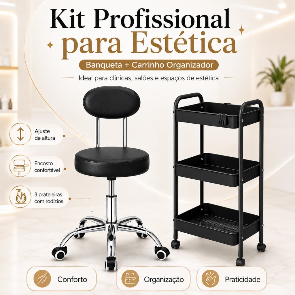 Kit Estética Cadeira Mocho Regulável com Carrinho Auxiliar Para Clínica Manicure Spa Beleza Tatuagem