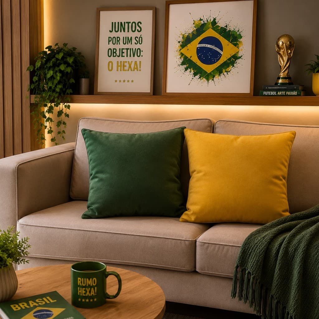 Capa de Almofada Copa do Brasil Kit 2 Peças Suede Aveludado Verde Amarelo