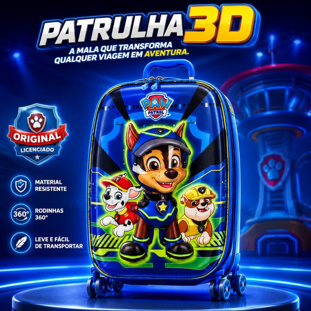 Mochila Mala Infantil Patrulha Canina 3D com Rodinhas para Viagem