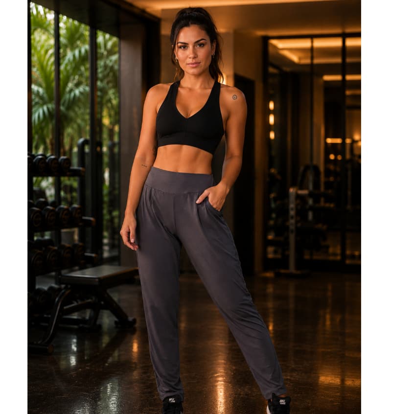 Calça Feminina com Pregas Bolso HMR Cós médio Fitness/Academia