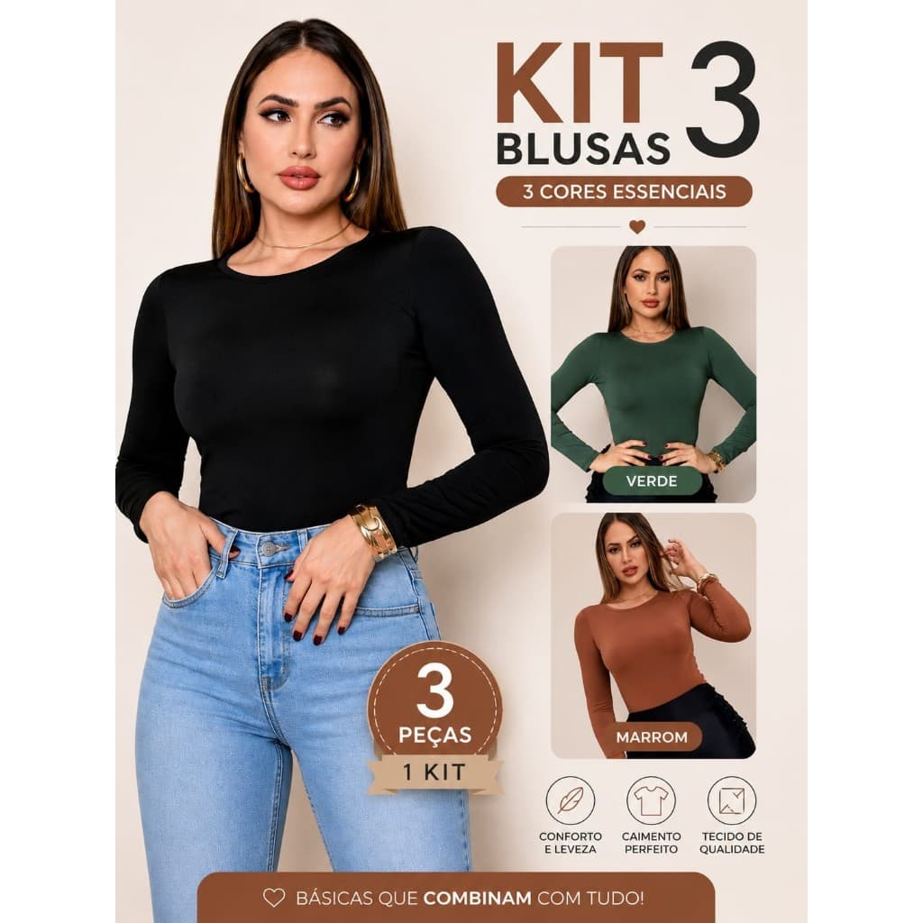 KIT 03 Blusas Femininas Manga Longa Básicas Segunda Pele Alta Elasticidade Confortável Suplex Light