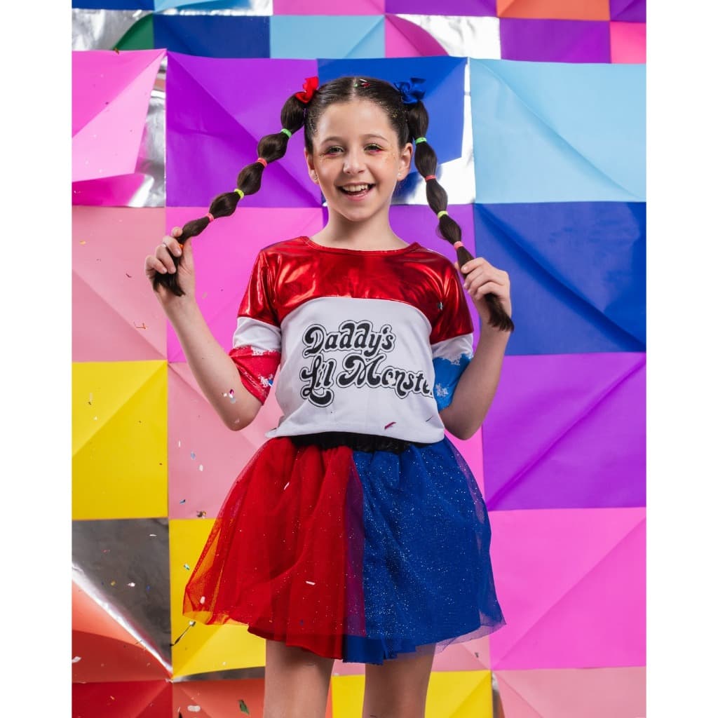 Fantasia Arlequina Infantil Menina Luxo Com Jaqueta Taco Harley Quinn Carnaval Festa Aniversário Cosplay