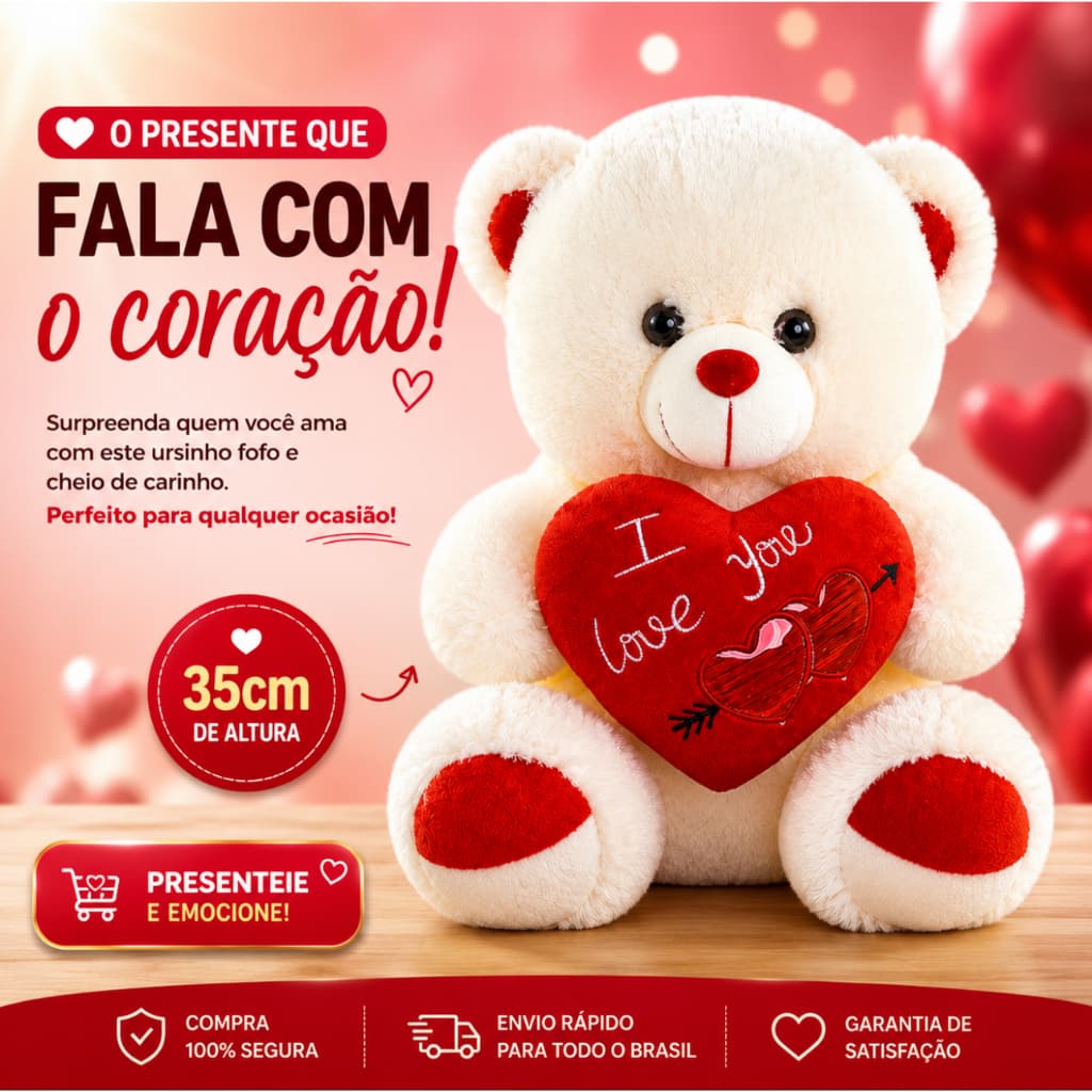 Urso de Pelúcia Com Coração Ursinho Te Amo Love Super Macio e Fofinho - Dia Dos Namorados