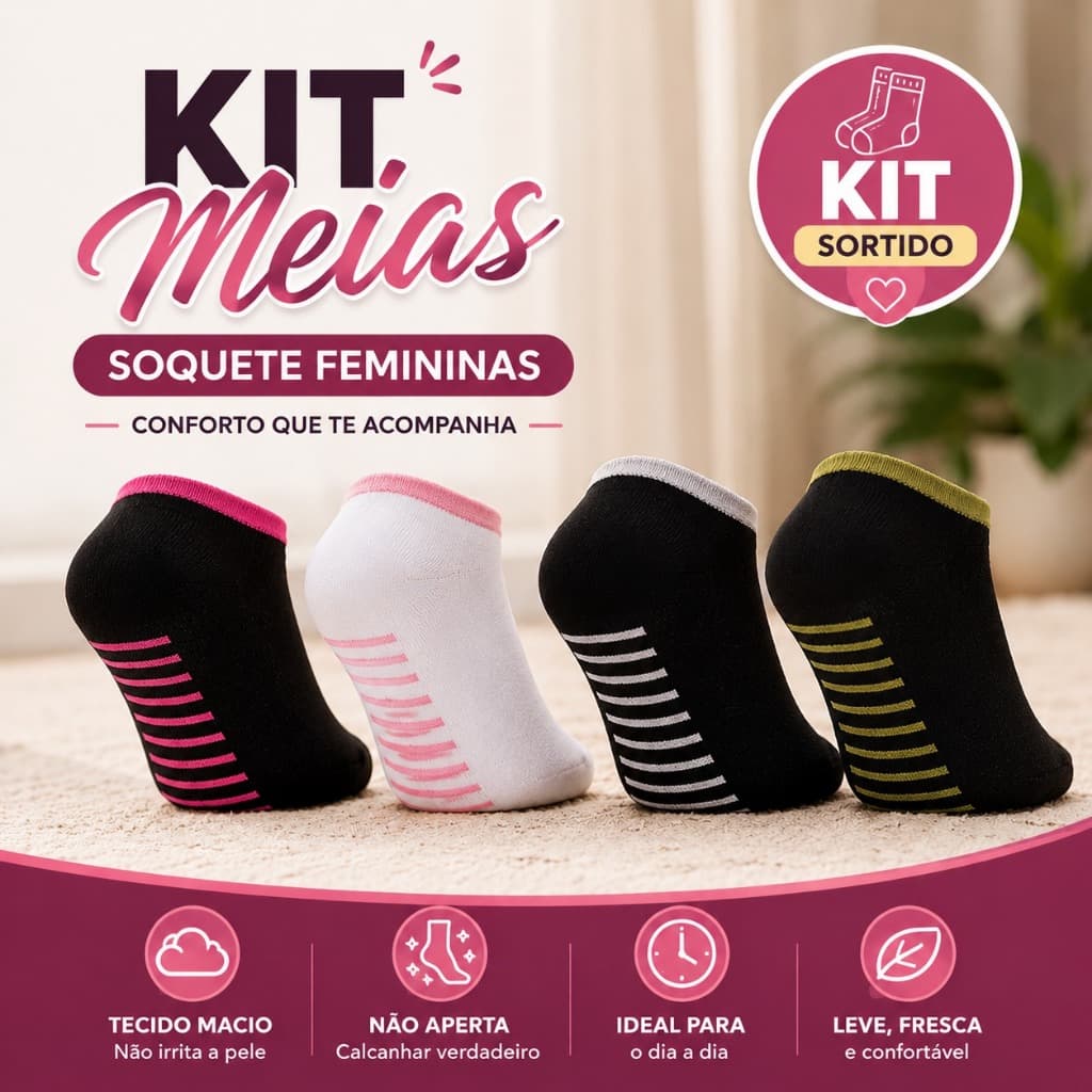 Kit Meia Soquete Feminina Com Ajuste Perfeito