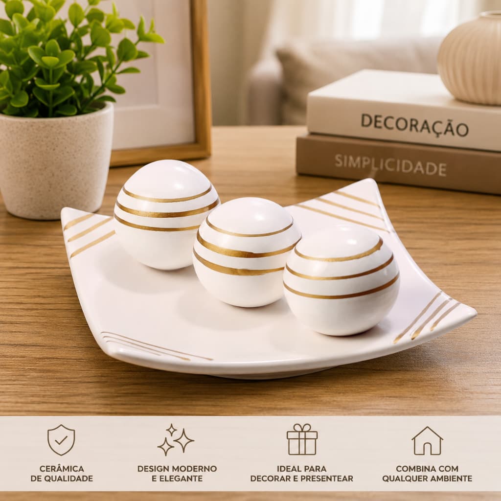Kit Bandeja Centro Mesa Prato Decorativo kit 3 Bolas Enfeite Ceramica Enfeite rack sala