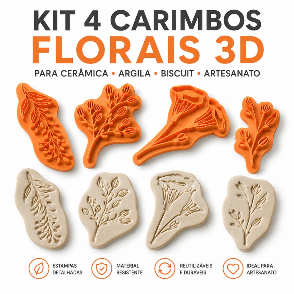 Kit 4 Carimbos Florais 3D para Argila e Biscuit | Textura Cerâmica Artesanato | Moldes Estampa Floral