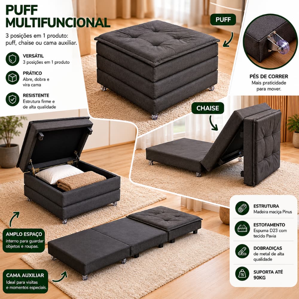 Puff Dobrável  3 em 1 Que Vira Cama Colchão Solteiro Com Bau -Banqueta Estofado Cinza- Resistente