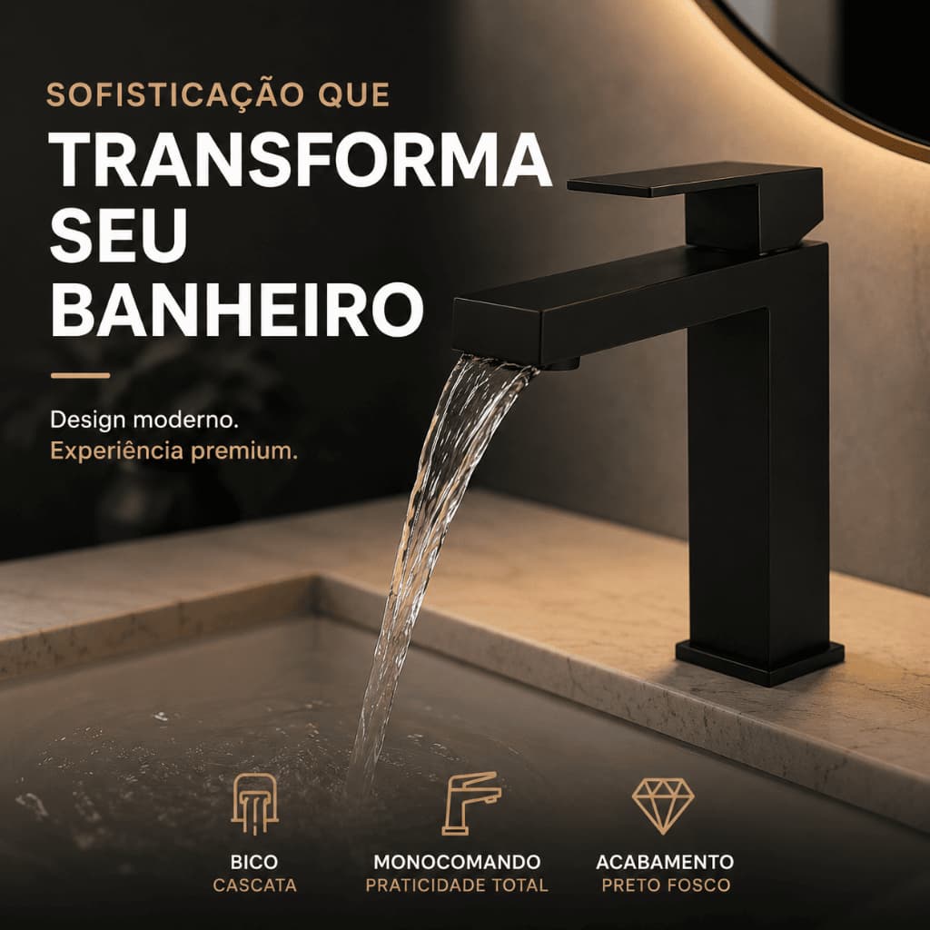 Torneira Monocomando Preta Fosca Cascata Lavatório Banheiro Moderna BM-F1385