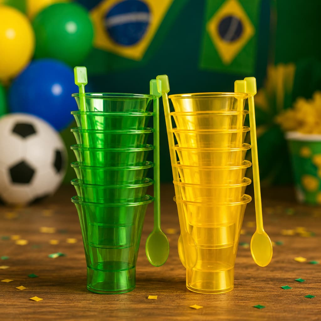 Kit 40 Copinhos Brigadeiro + Colher Verde e Amarelo Decoração Copa Do Mundo Centro De Mesa Brasil