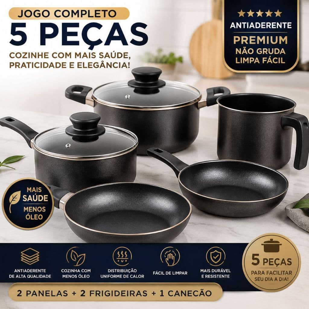 JOGO DE PANELA 6 PEÇAS TEFLON 5 CAMADAS, COM TAMPA DE VIDRO TEMPERADO