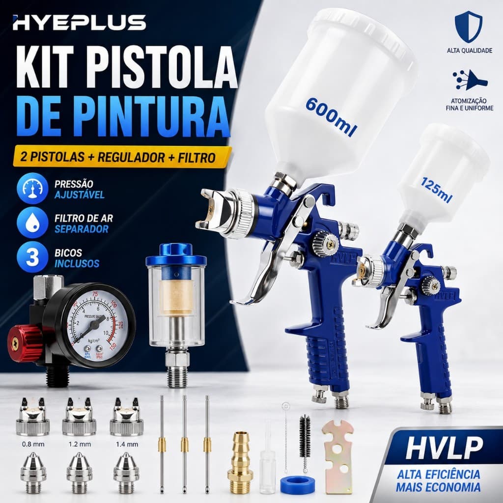 Kit 2 Pistolas Pintura Filtro De Ar Ajustável Pressão 3bicos