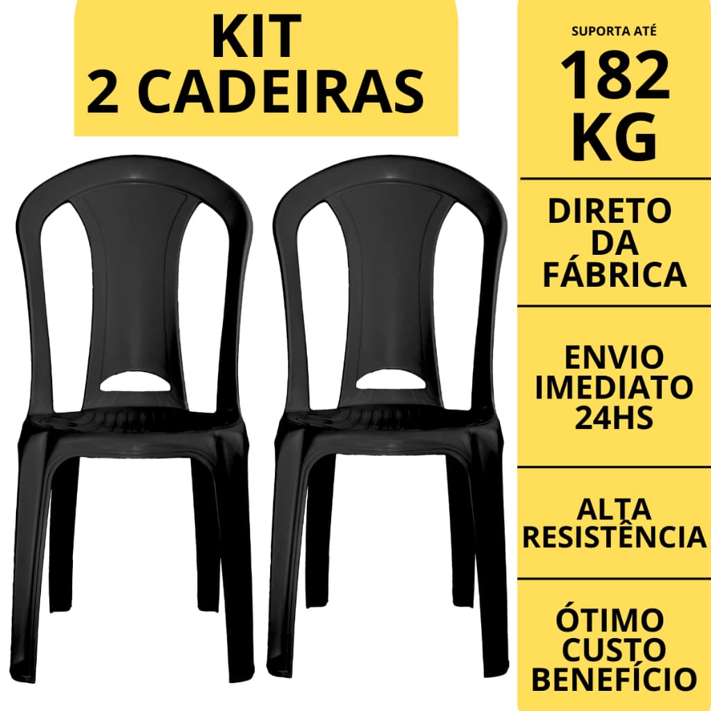 Kit 2 Cadeiras Plástica 182kg Resistente Bistrô de Plástico Preta Jardim Lanchonete Unidades Jogo