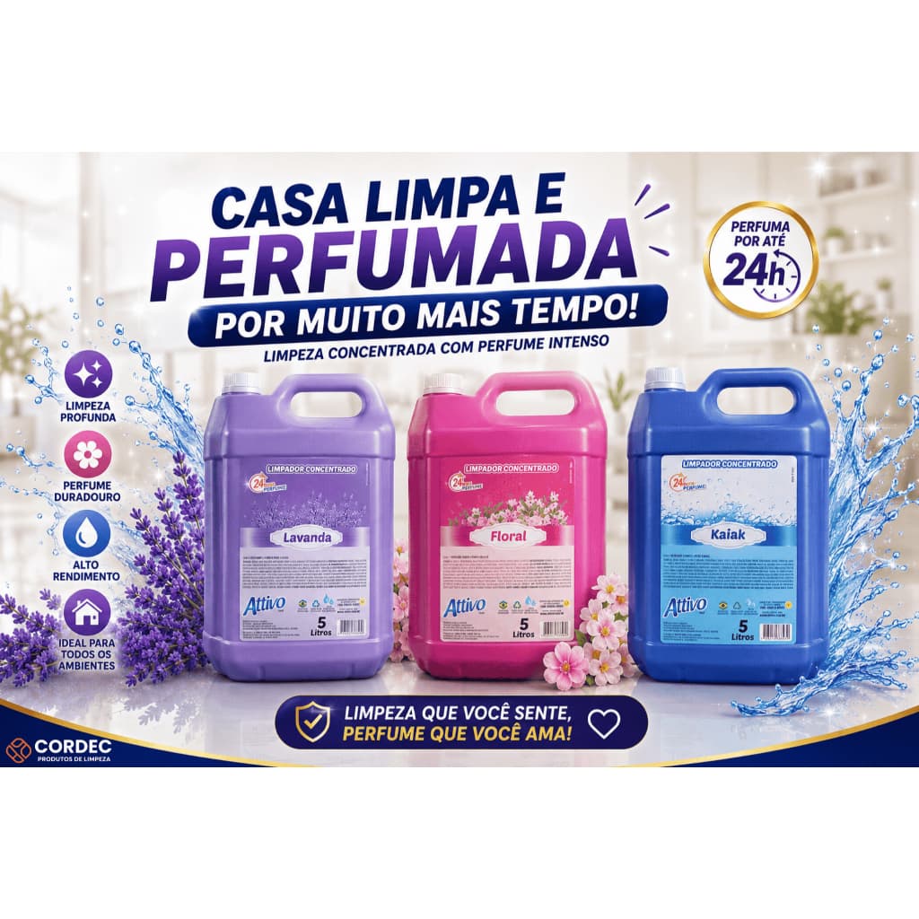 Limpador Concentrado Attivo 5L – Limpeza Profunda com Perfume Duradouro | Lavanda, Floral e Kaiak | Uso Geral para Pisos