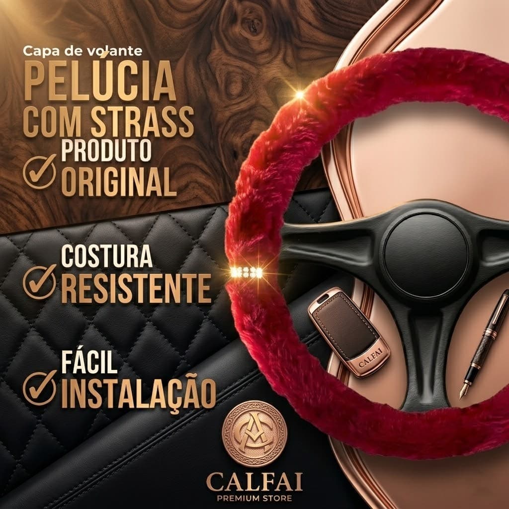CAPA DE VOLANTE 38CM PELÚCIA COM STRÁS LUXO FEMININO ACABAMENTO PREMIUN MELHOR DO MERCADO