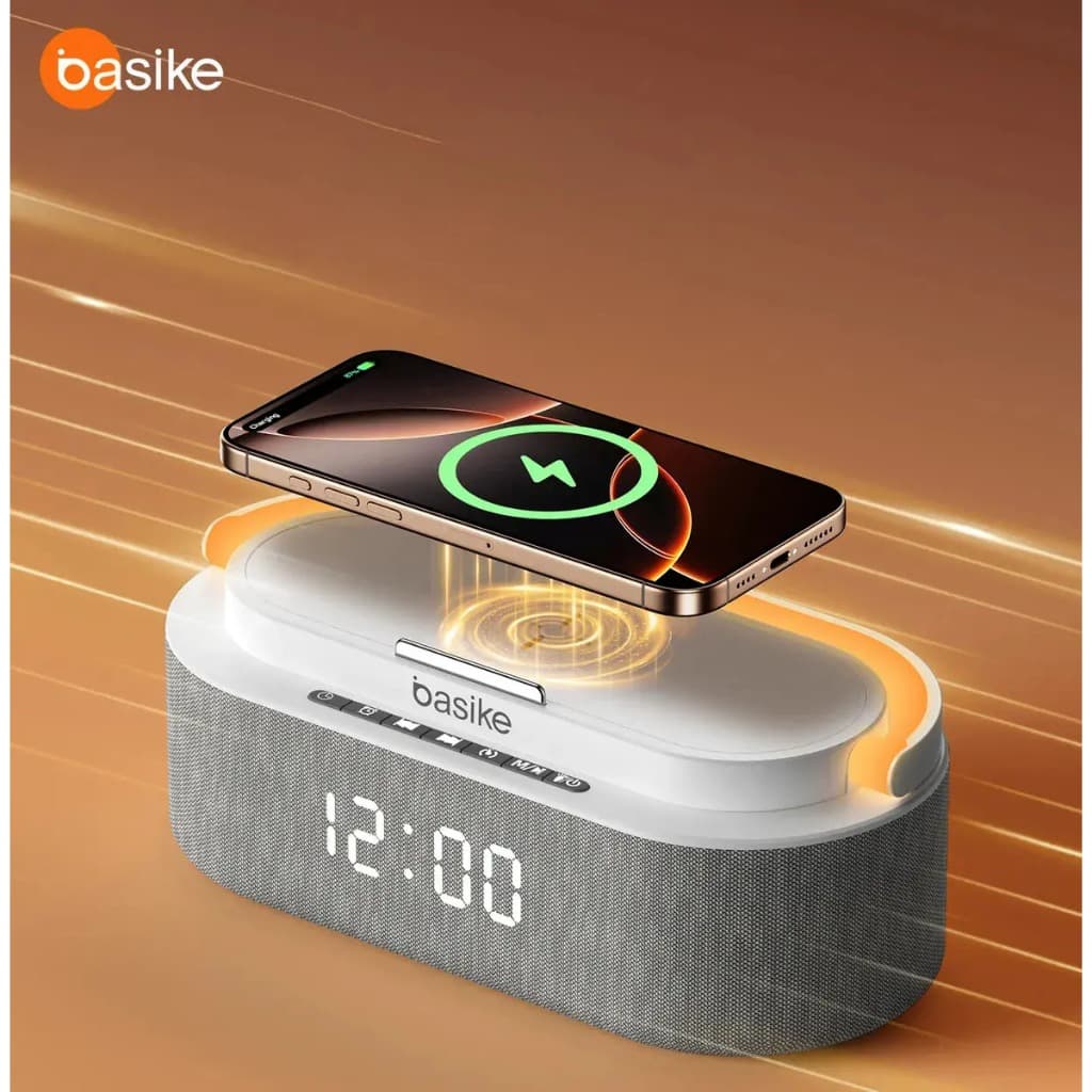 Caixa de Som Bluetooth BASIKE Relógio Digital RGB Carregamento Sem Fio 15W