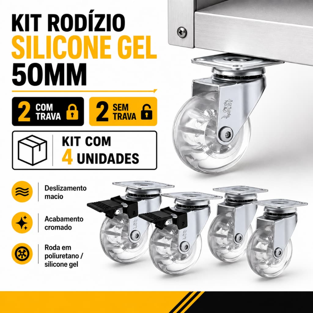 Kit 4 Rodinhas Móveis 50mm Silicone Gel 2 Com Trava 2 Sem Trava