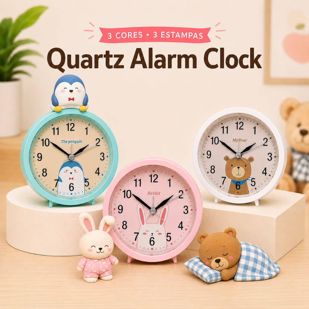 Relógio Despertador Analógico Infantil a Pilha Estampas Sortidas Decorativo