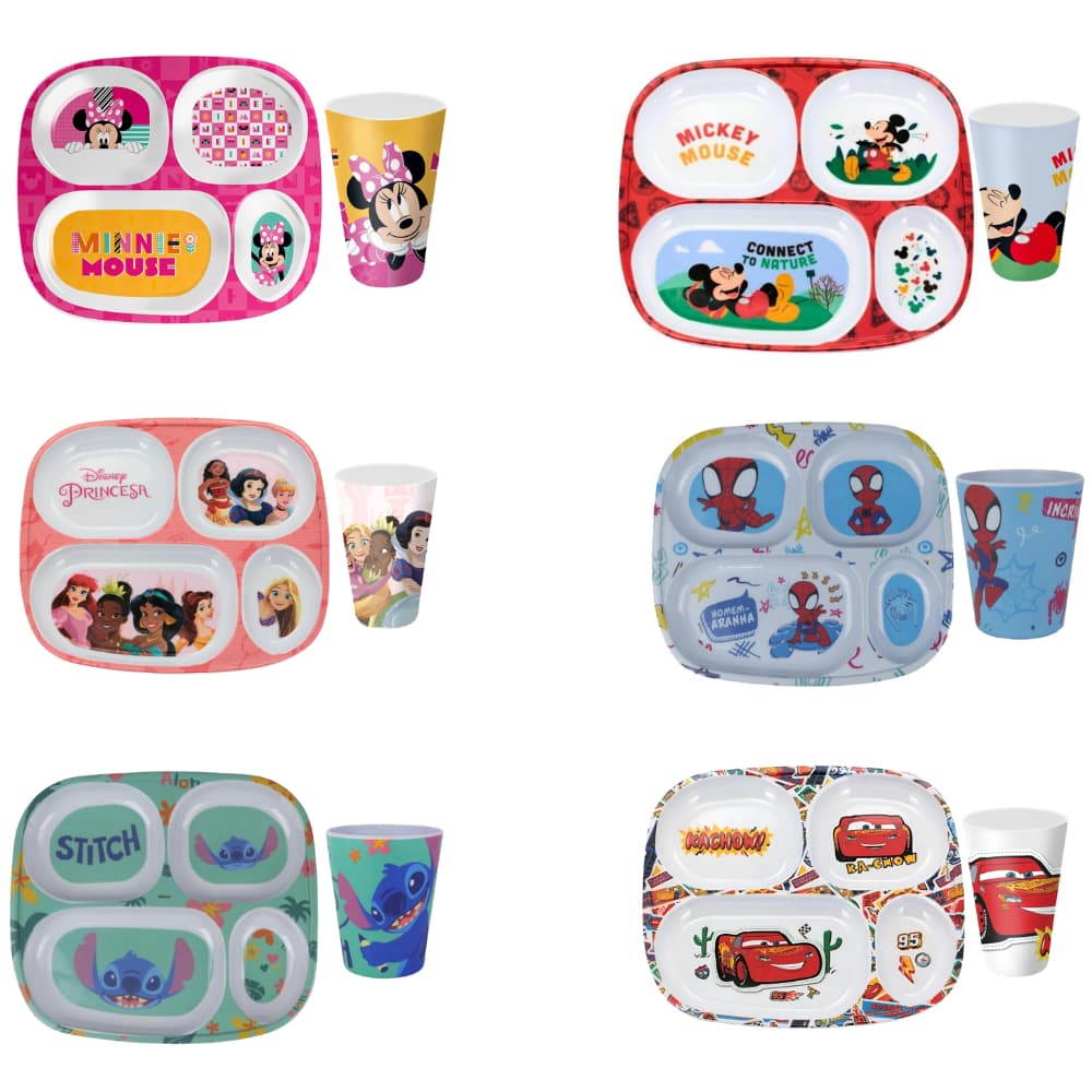 Kit Infantil Personagens 2 Peças Prato com Divisórias e Copo