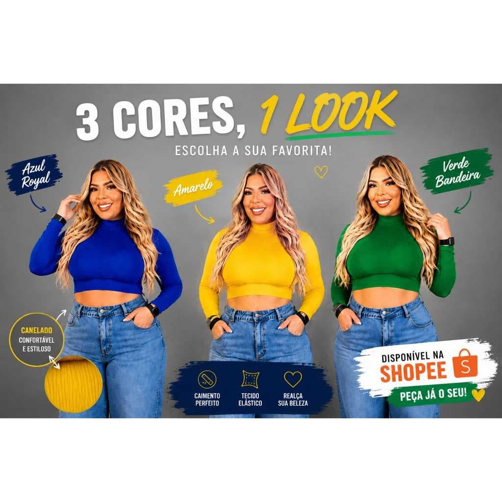 Kit 3 Cropped Manga Longa Brasil Feminina Plus Size Elegante Premium