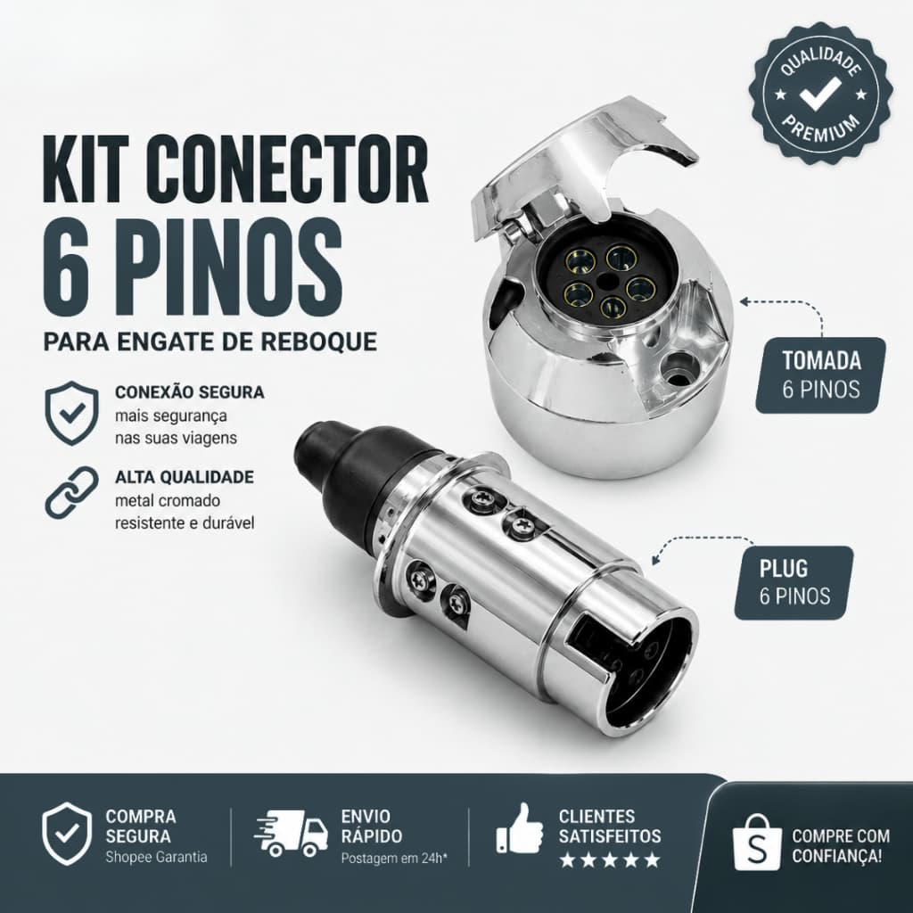 Tomada Fêmea e Tomada Macho Plug Cromado 6 pinos Carretinha Engate