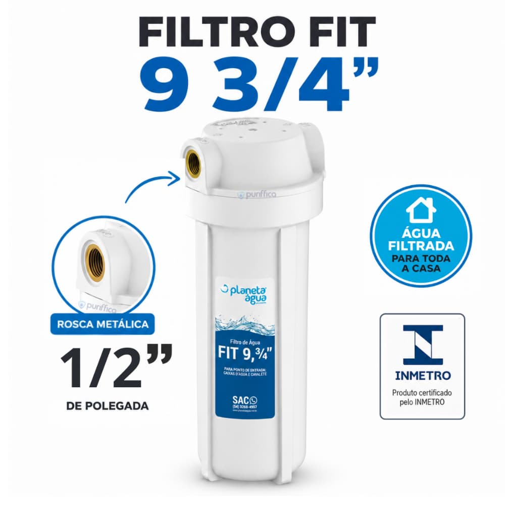 Filtro 9 3/4 Caixa D'água Cavalete Hidrômetro Pia Inmetro Rosca Metálica 1/2" pol. Padrão Hidráulico