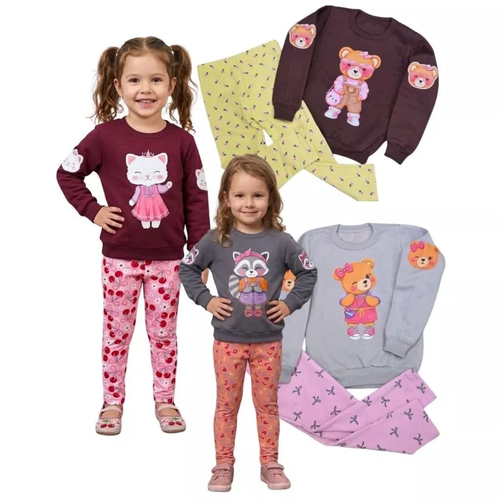Kit com 2 Conjuntos Inverno Feminino Premium Infantil e Juvenil Estampas Sortidas