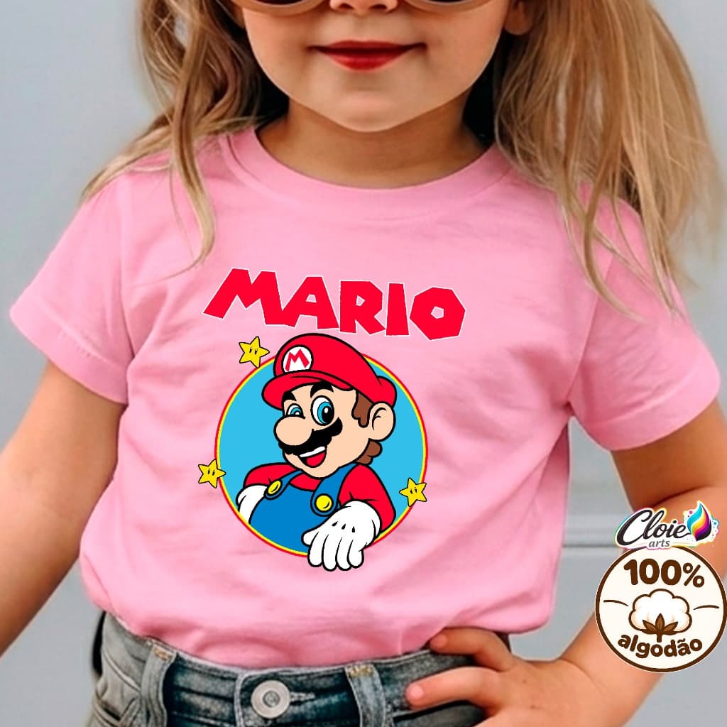 Camiseta Infantil 100% Algodão Super  Mario Caçador De Moedas Crianças Gostam Em Alta Diversão  Garantida Rosa  Meninas.