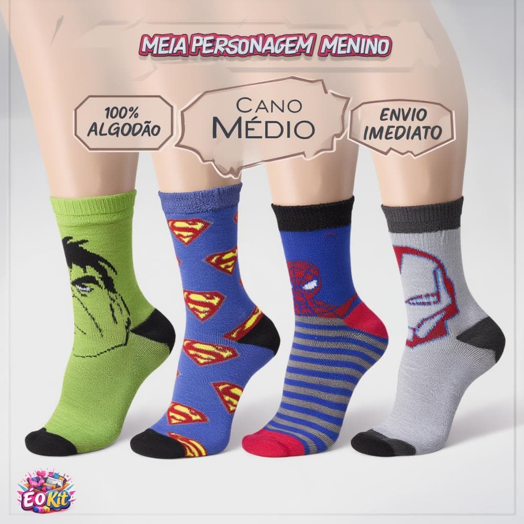 Kit 12 Pares Meia Menino Personagem Cano Medio