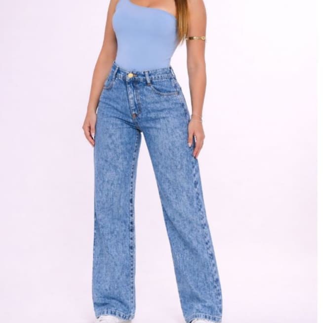 Calça Wide Leg Jeans Feminina Marmorizada Cintura Alta 100% Algodão Premium