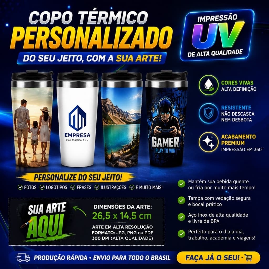 Copo Térmico Personalizado Com Sua Arte, Foto, Logo, Nome,Serie, Profissão. UV 360° Alta Qualidade