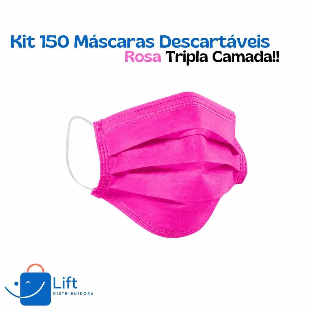 Kit 150 Máscaras Descartáveis Rosa/Pink Tripla Camada com Clipe Nasal Adultos
