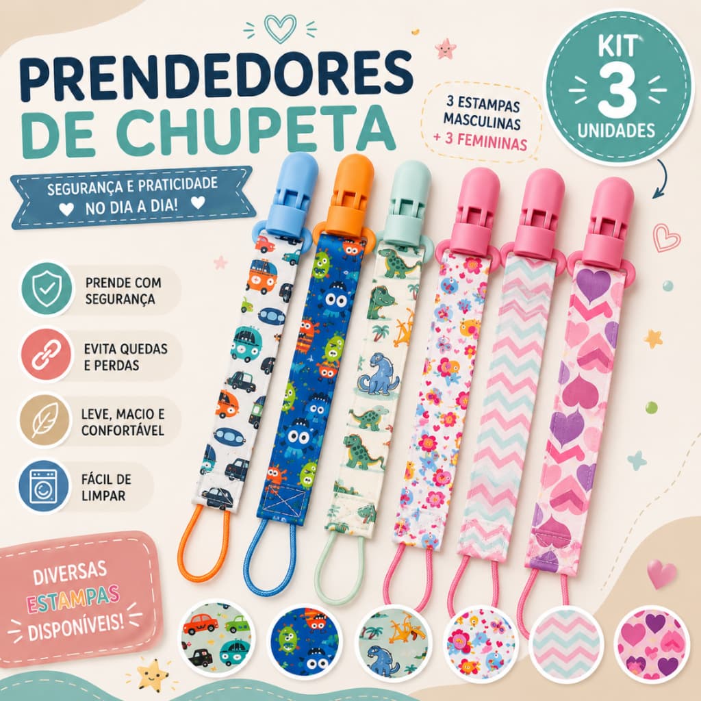 Kit 3 Prendedores de Chupeta Cordinha Para Bebês Lavável e Resistente Estampa Colorida