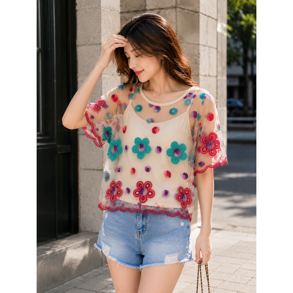 Blusa Feminina Tule Bordado Floral 3D com Regata Interna | Manga Solta Transparente Fashion Casual Verão