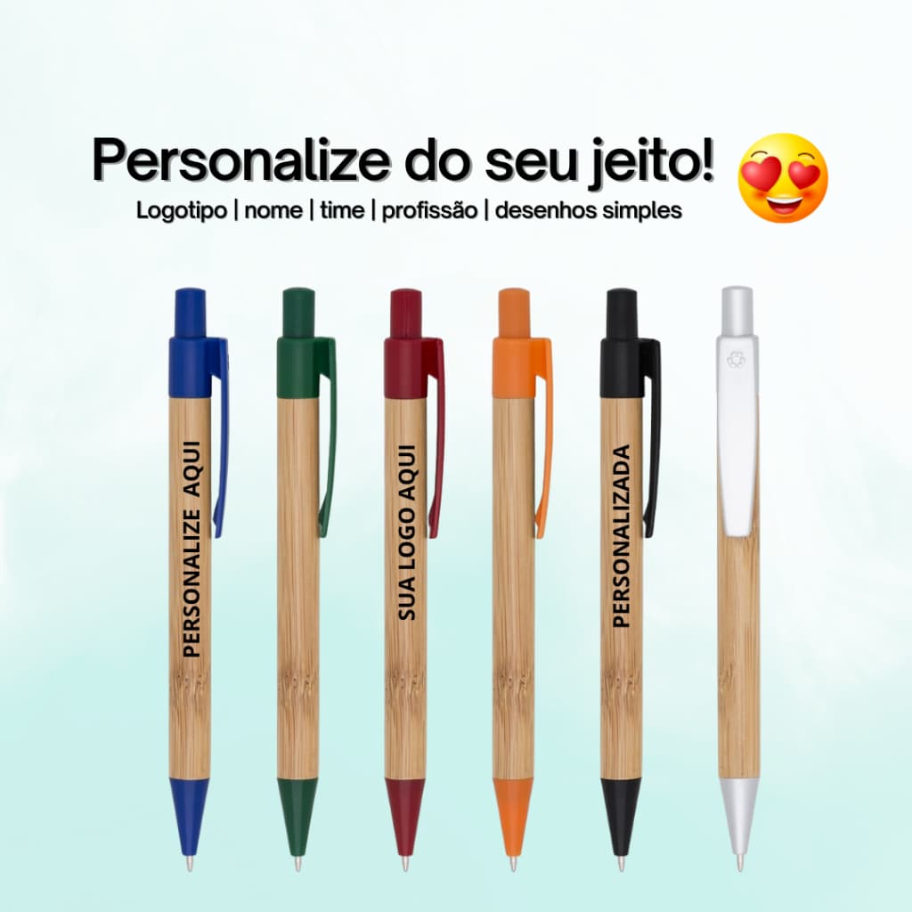 Caneta Ecológica de Bambu Personalizada - nome/escola/trabalho/logo