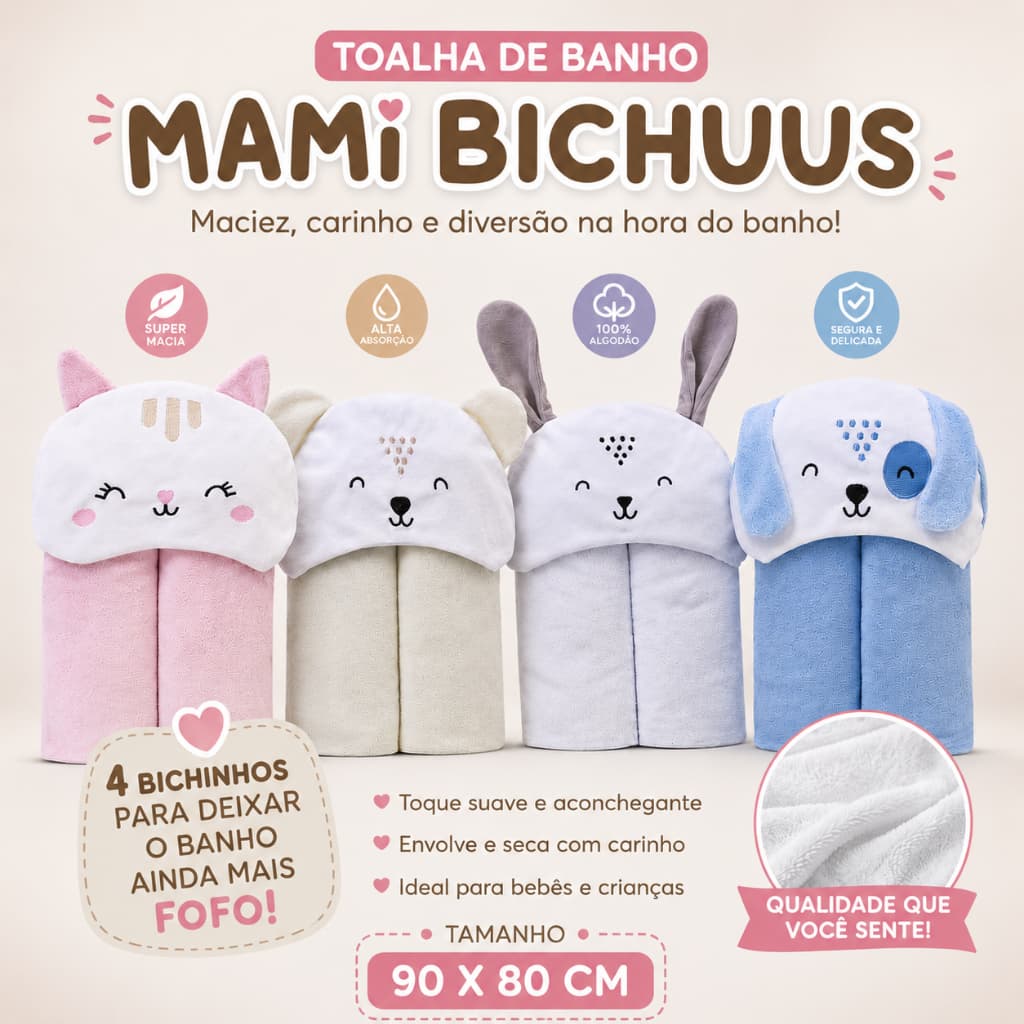 Toalha De Banho Mami Bichuus Forrada C/Capuz Bordado 90Cm X 80Cm - Papi