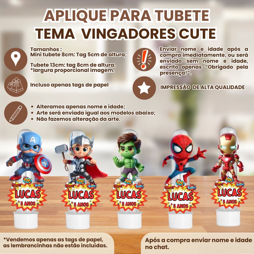 Apliques para Mini Tubete 8cm ou Tubete 13cm 3d Tema vingadores baby cute | Tag Personalizado com Nome e Idade