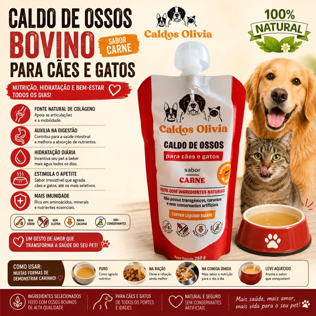 Caldo De Ossos Bovino Para Cães E Gatos Olivia Natural Palatabilizante De Ração