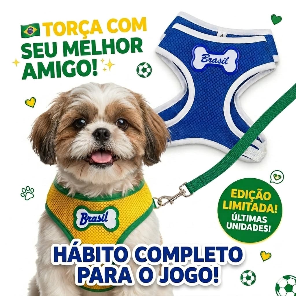 Peitoral Brasil Para Cachorro Com Guia Ajustável Roupa Pet Copa