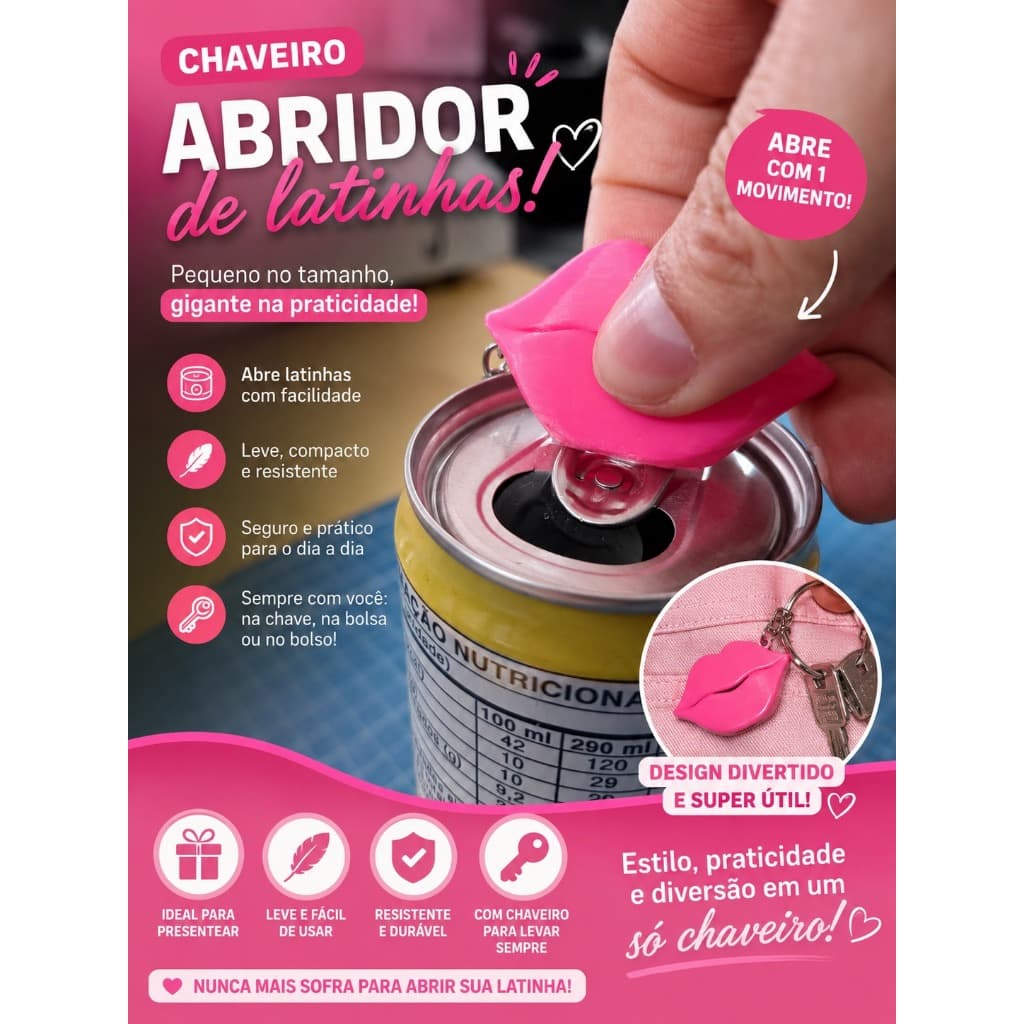 Chaveiro Abridor de Latas | Modelo Boca Beijo Cor Rosa