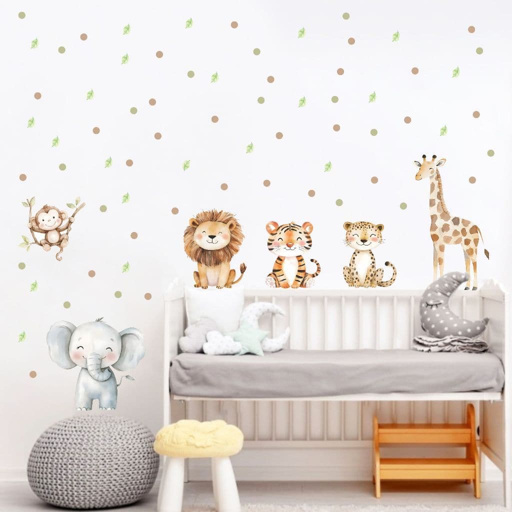 Adesivo de Parede Infantil Safari Animais Bichinhos Aquarela com Folhas e Bolinhas Quarto de bebê