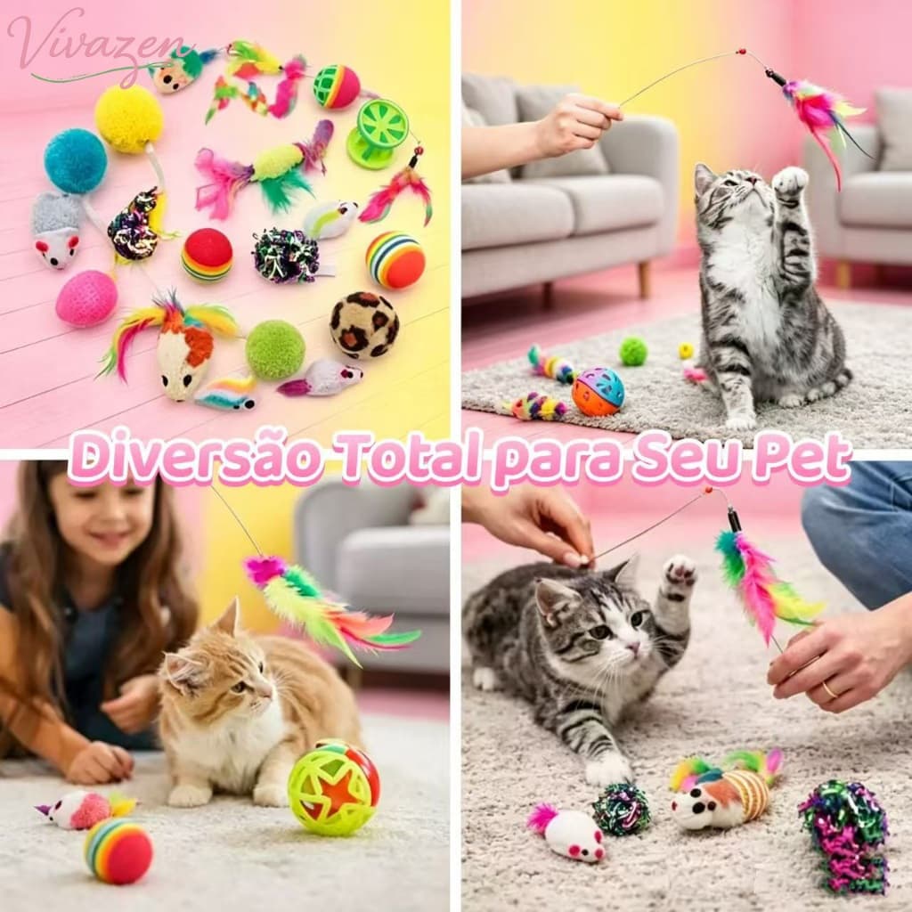Kit 7 Brinquedos para Gatos com Varinha de Pena, Pelúcia e Bolinhas com Guizo