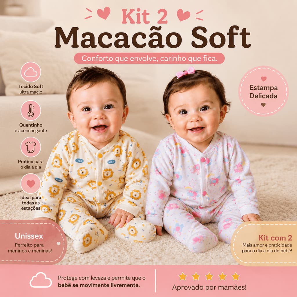 Kit 2 Macacão Soft Bebê  Menina e Menino