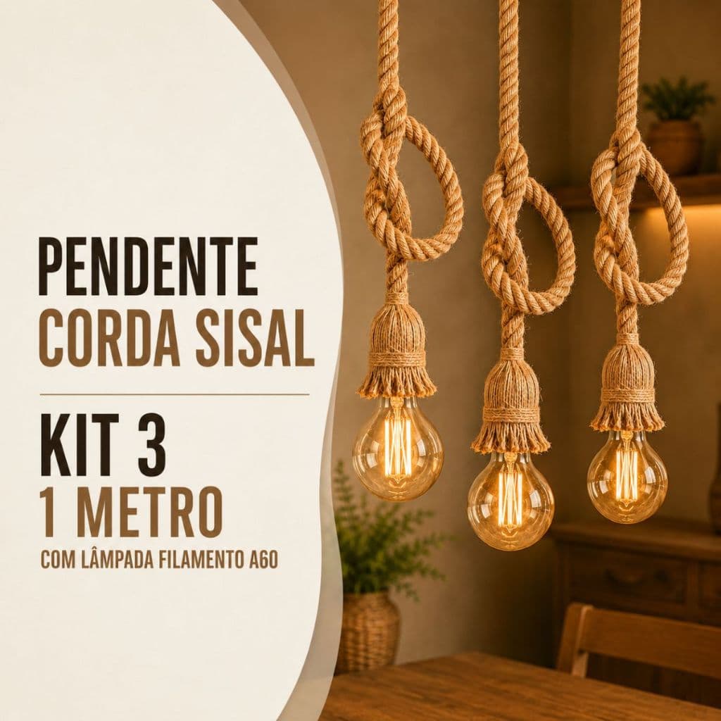 Kit 3 Pendente Corda 1 Metro com 3 Lâmpadas Filamento Âmbar A60 Bivolt 110v/220v Vintage Decorativo